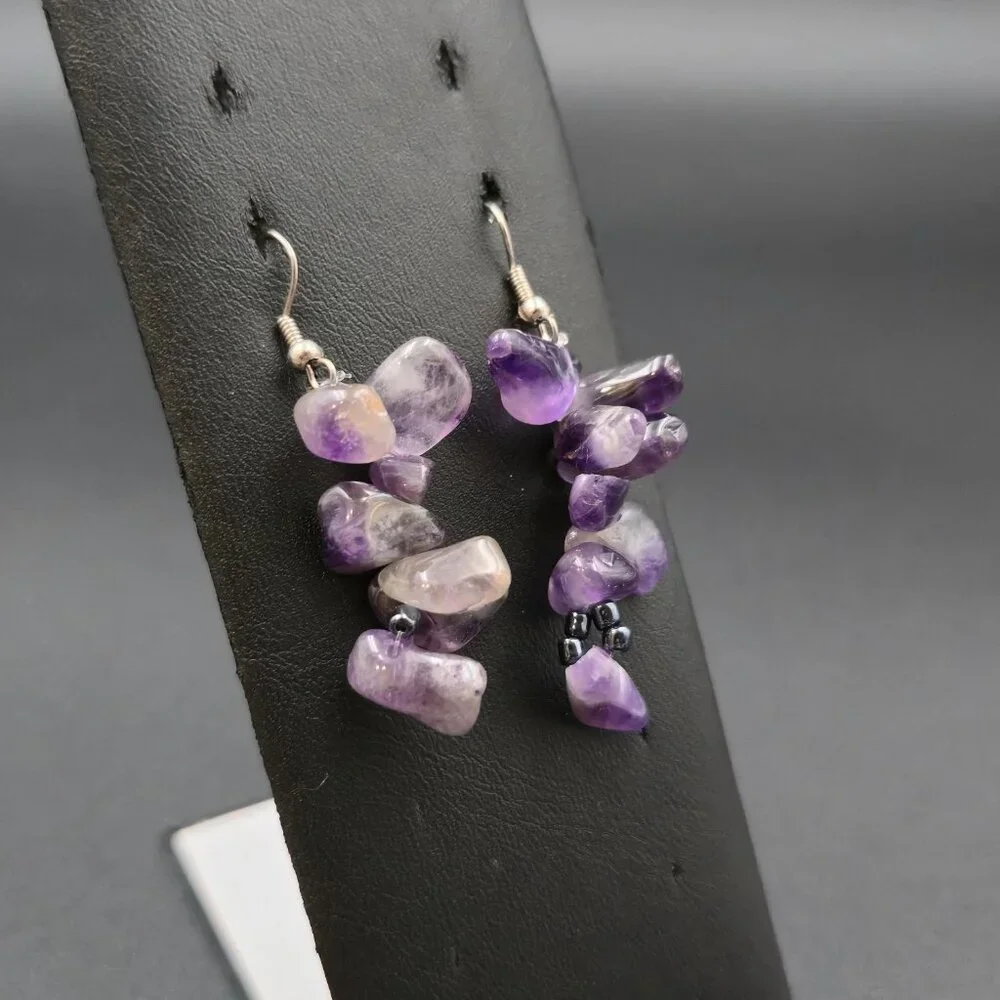 Silver Plated Amethyst Stone Chain Handmade Earrings A7006 - Picture 2 of 5